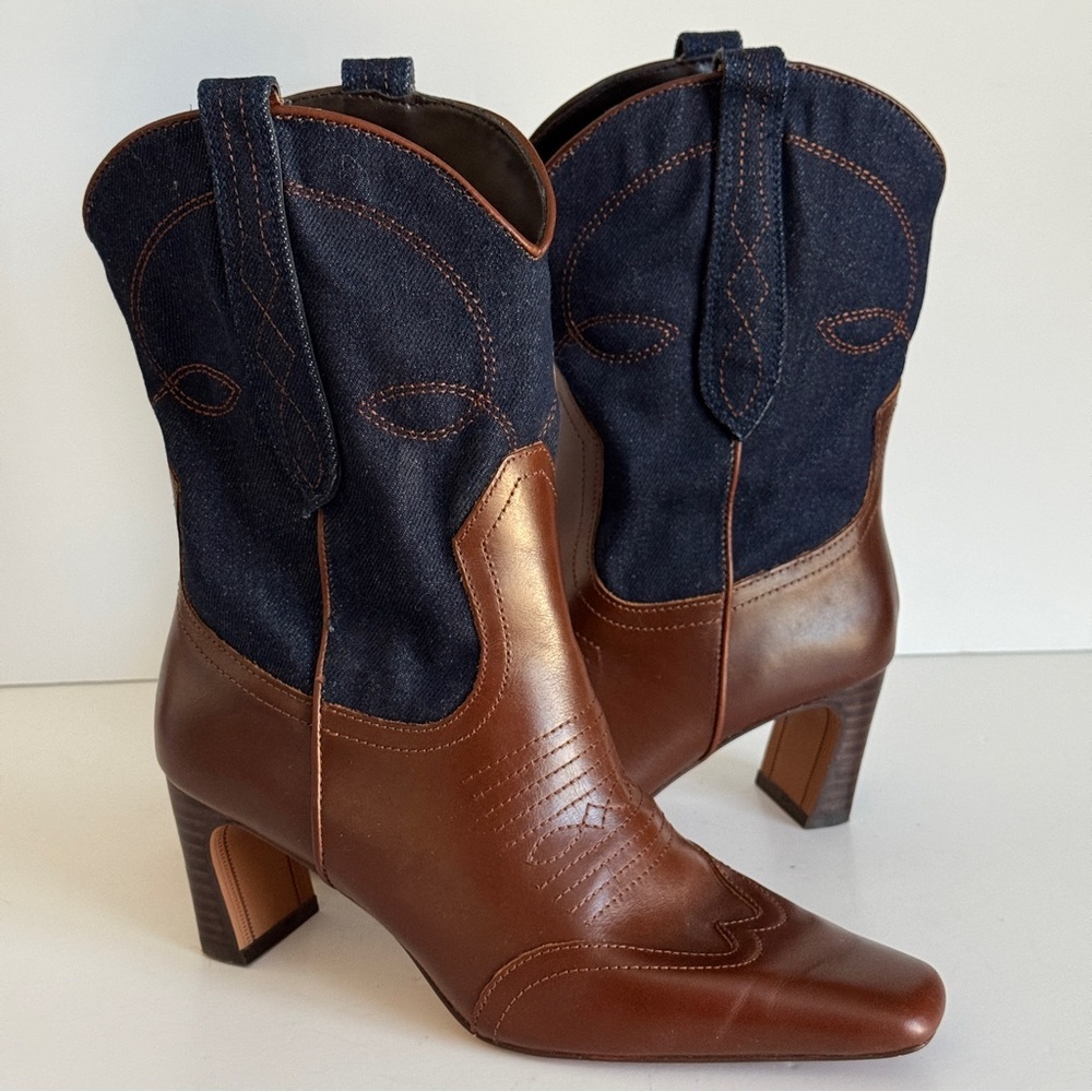 Steve Madden Josefine Western Ankle Boots Brown & Blue Denim Size 8M